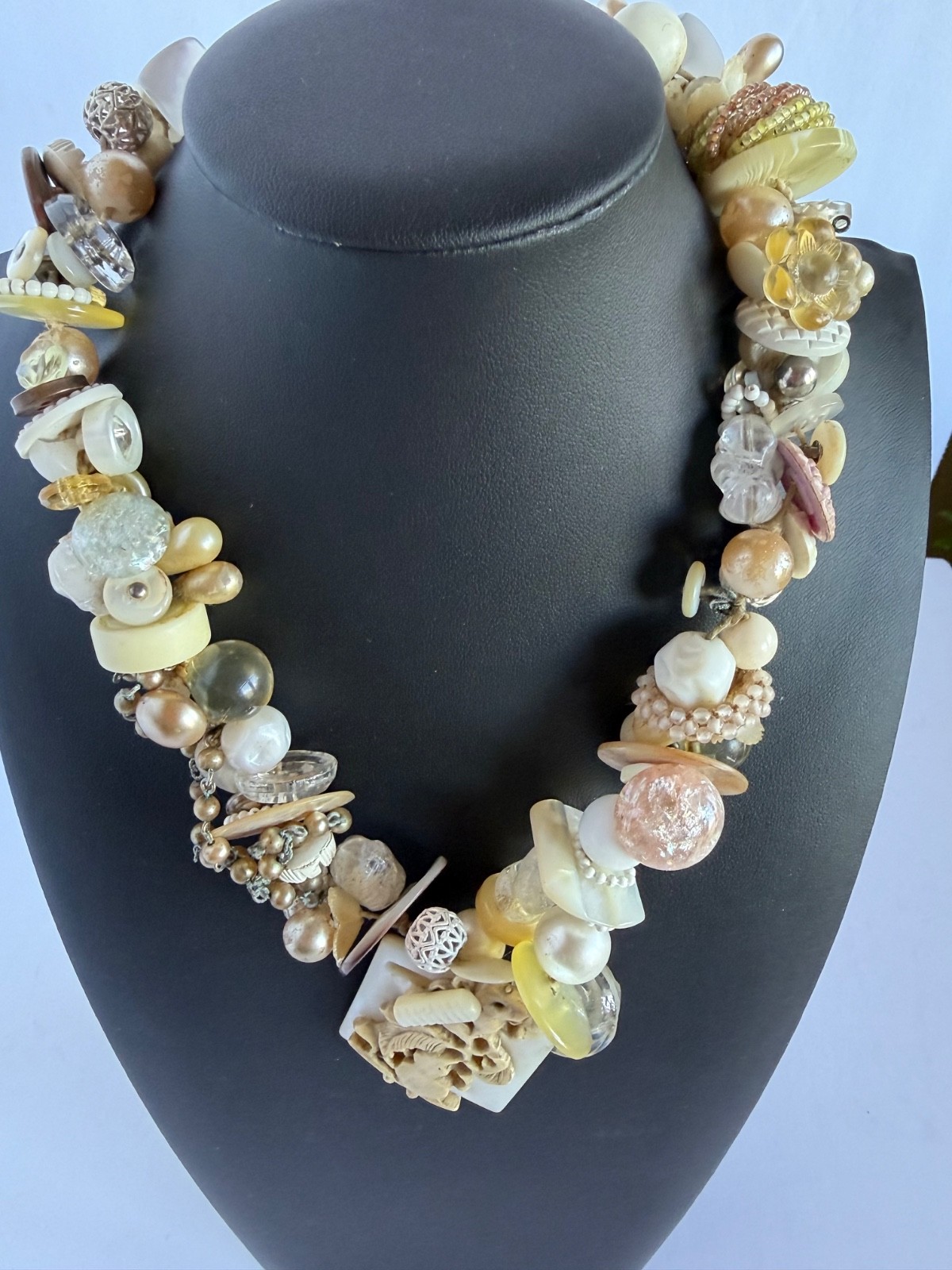 Vintage Necklace Adorned with Buttons, Beads, Buckles & Other Vintage Elements