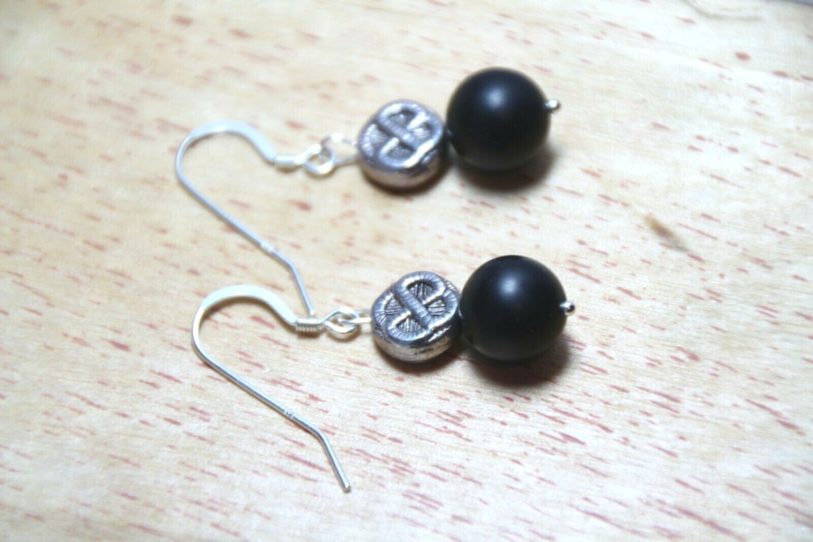 Graphite Black 10mm Ball Natural Gemstone Earrings .925 Sterling Silver 1 1/2″