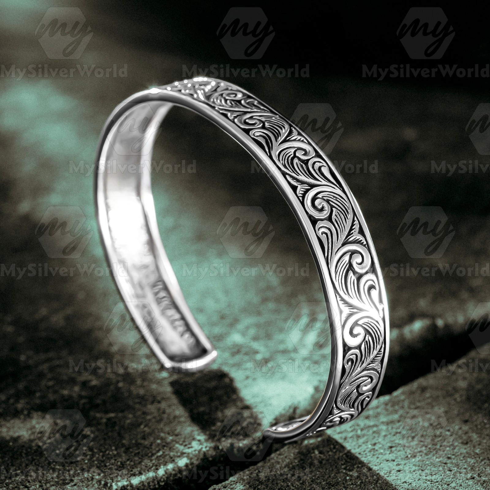 925 Sterling Silver Handmade Engraved Men’s Cuff Bracelet Adjustable