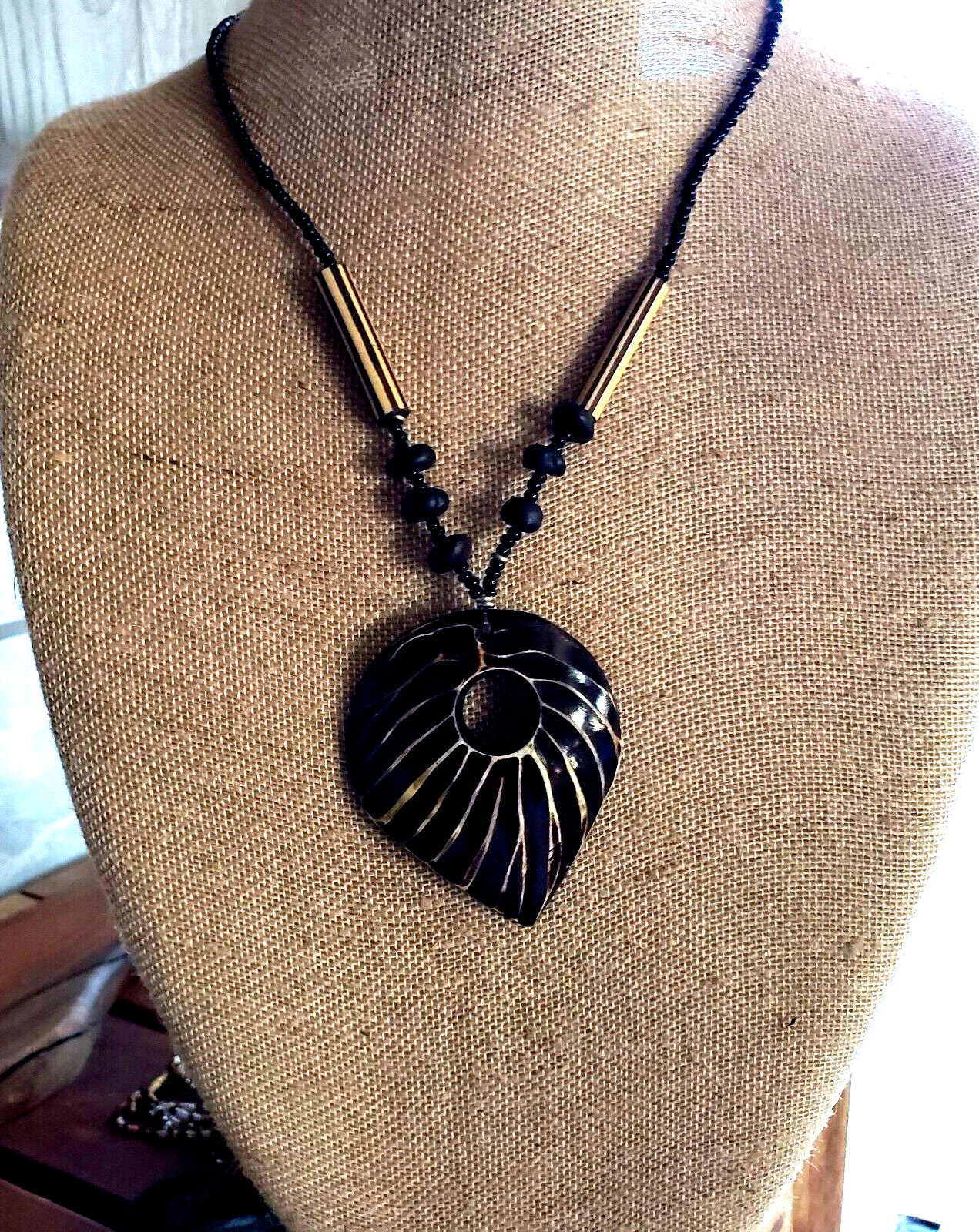African- Handmade Bead/Horn Pendant Necklace- 18″-Black/brown- Kenya – a4