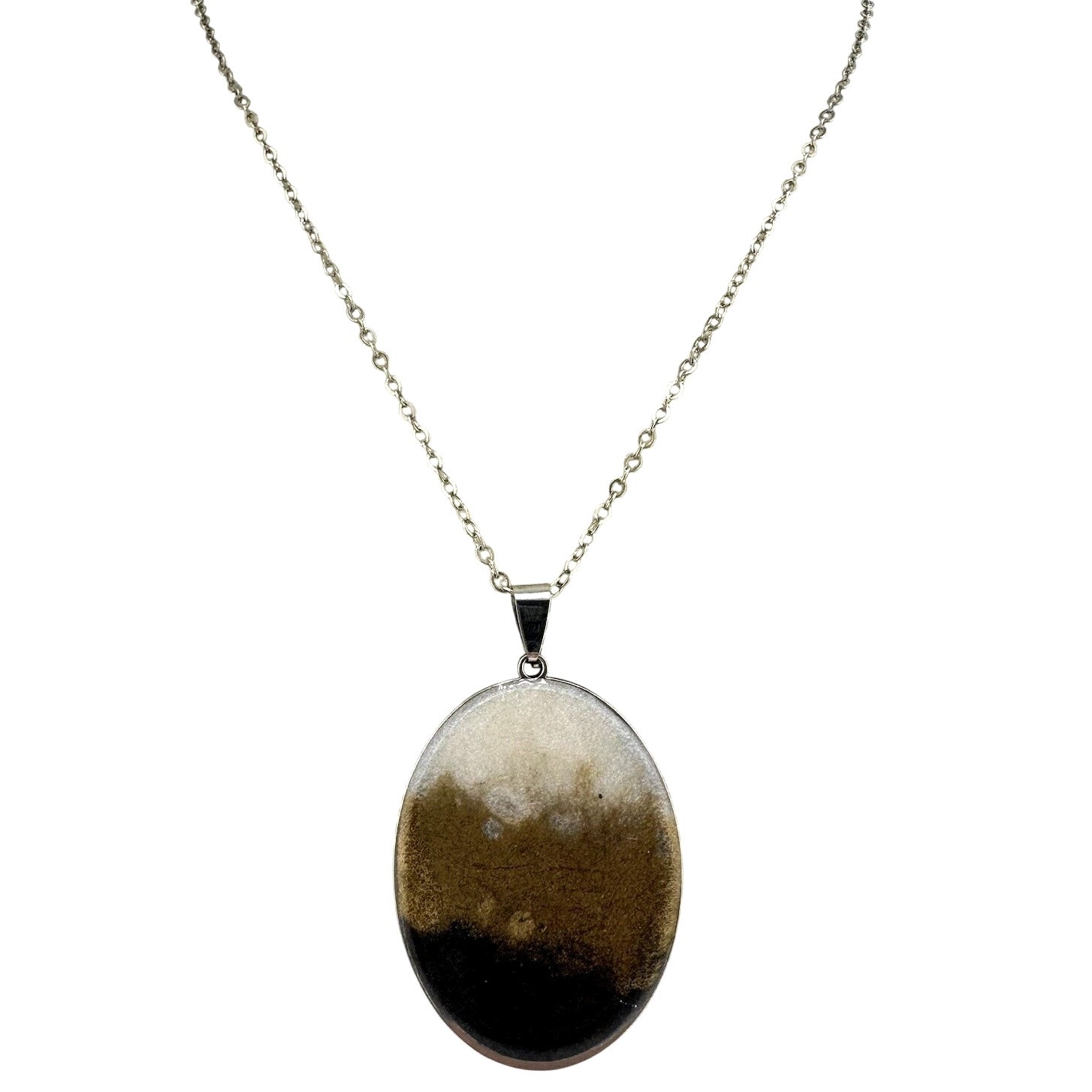 Minimalist Modern Black Gold White Resin Oval Pendant Silver Tone 17” Necklace