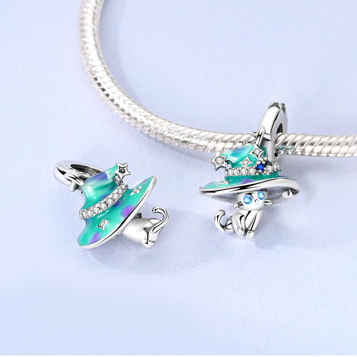 MULA 925 Sterling Silver Charm Luminous Magic Hat Cat Pendant for Women Bracelet