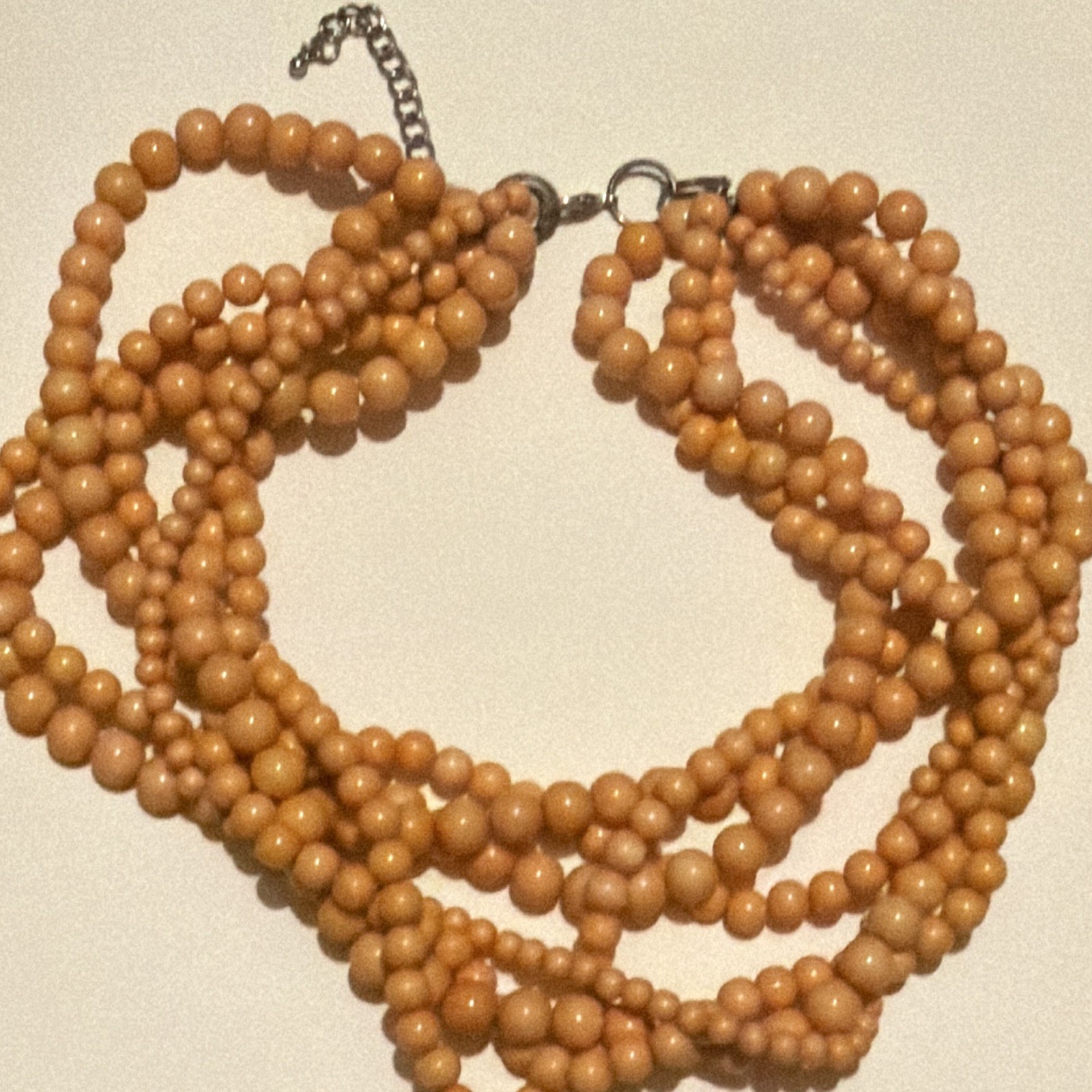 Tan Plastic Beaded Multi-Strand Statement Necklace, Adjustable Lobster Clasp