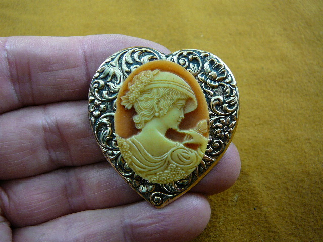 (CM32-33) HAT Saucy Lady wearing hat flowers orange CAMEO heart Pin Pendant