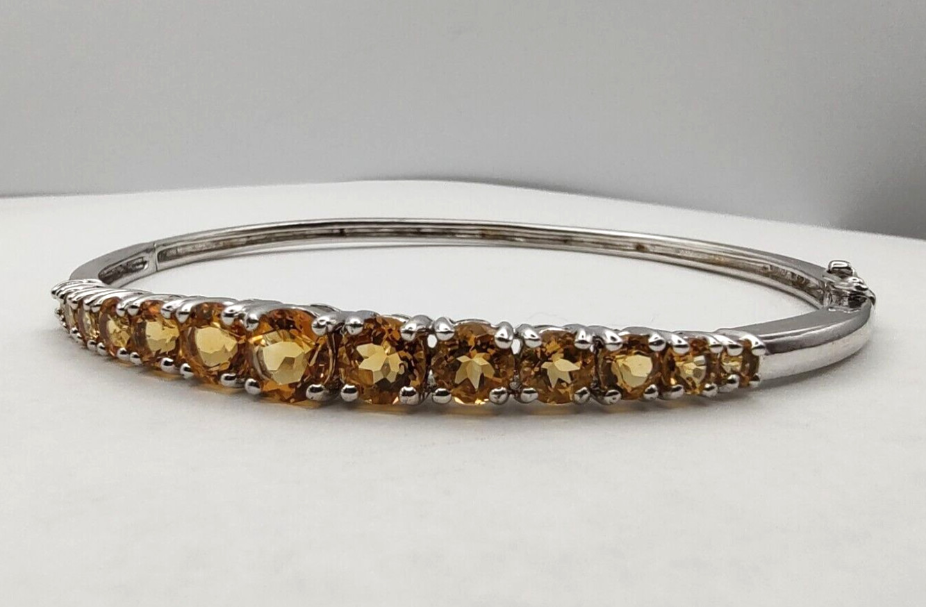 Estate KN Sterling Silver 4.86cttw Natural Citrine Hinged Bangle Bracelet 8.25″