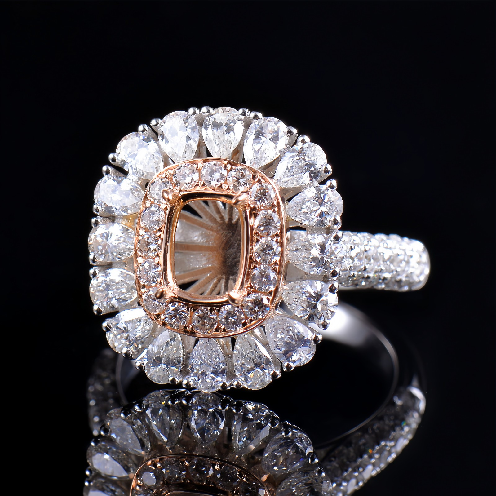 Custom Natural Diamond Semi Mount Women Ring Solid 14K 2-Tone Gold Cushion 7×5mm