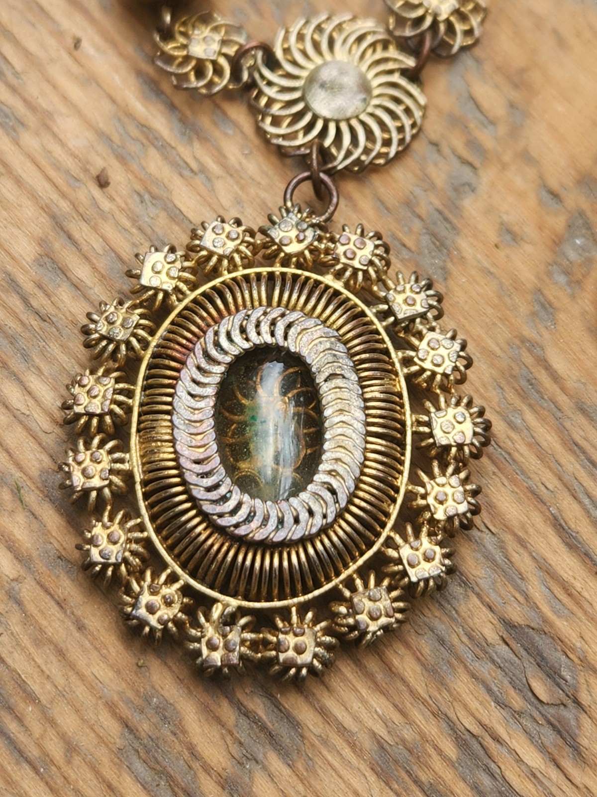 Antique Tambourine Reliquary Necklace Filigree Window Philippines Gold Gilt