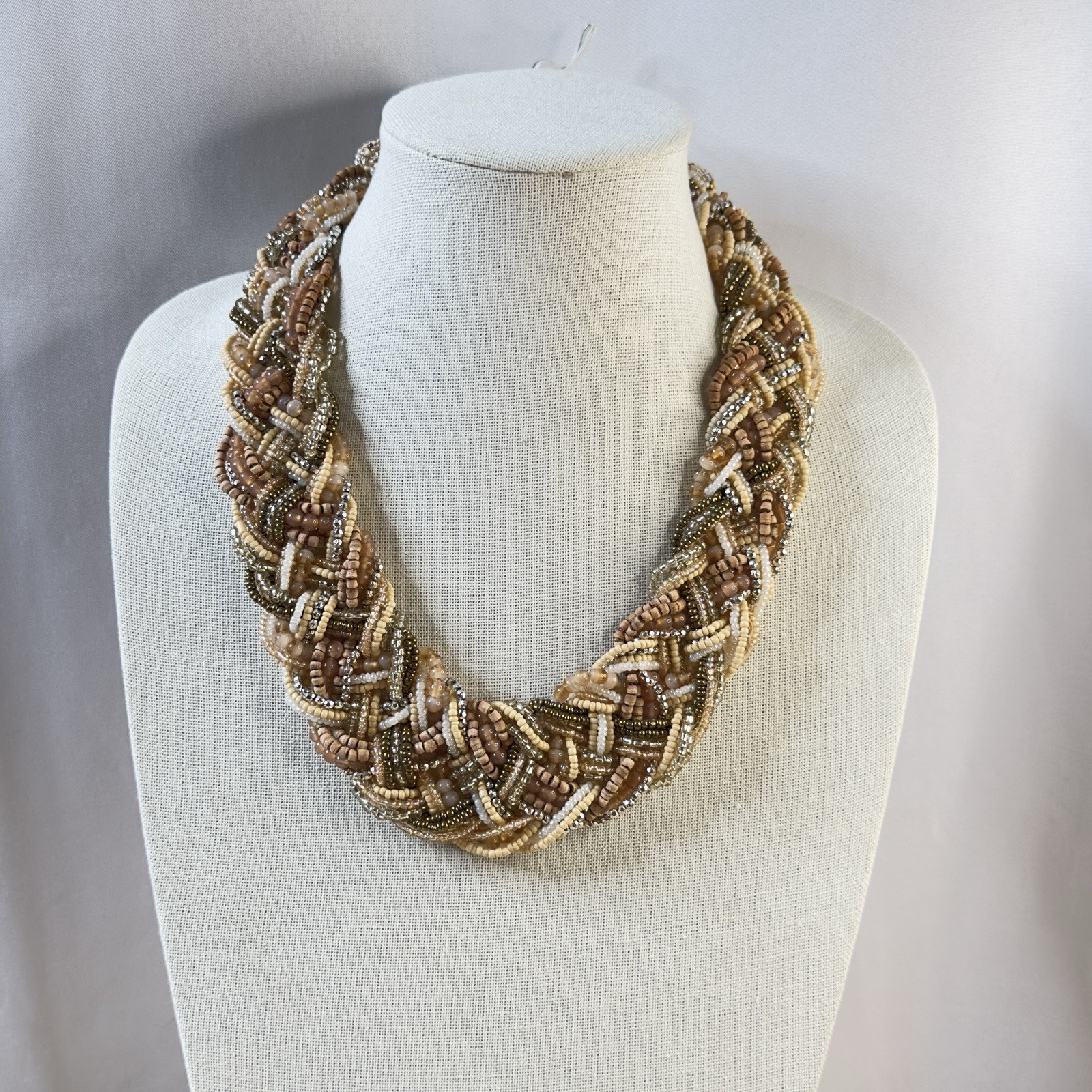 Vintage Collar Necklace Braided Seed Beads Earth Tones 18″ – 21″ Glass & Wood