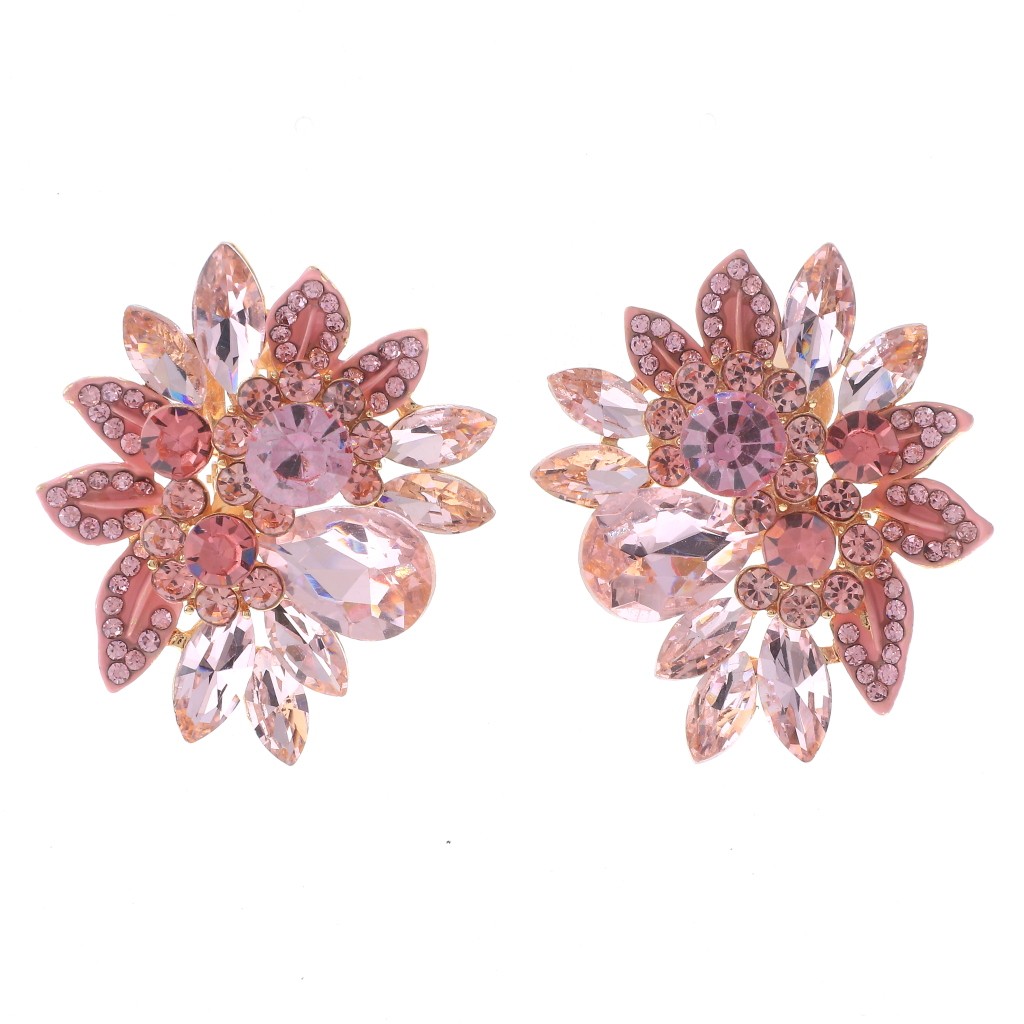 Gold Tone Alloy Metal Crystal Rhinestone Clip-On Earrings ER2665-PNK