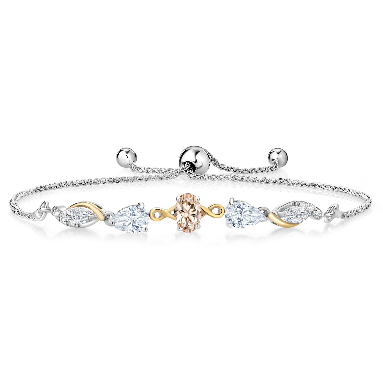 925 Silver and 10K Yellow Gold Peach Morganite and White Moissanite and Lab