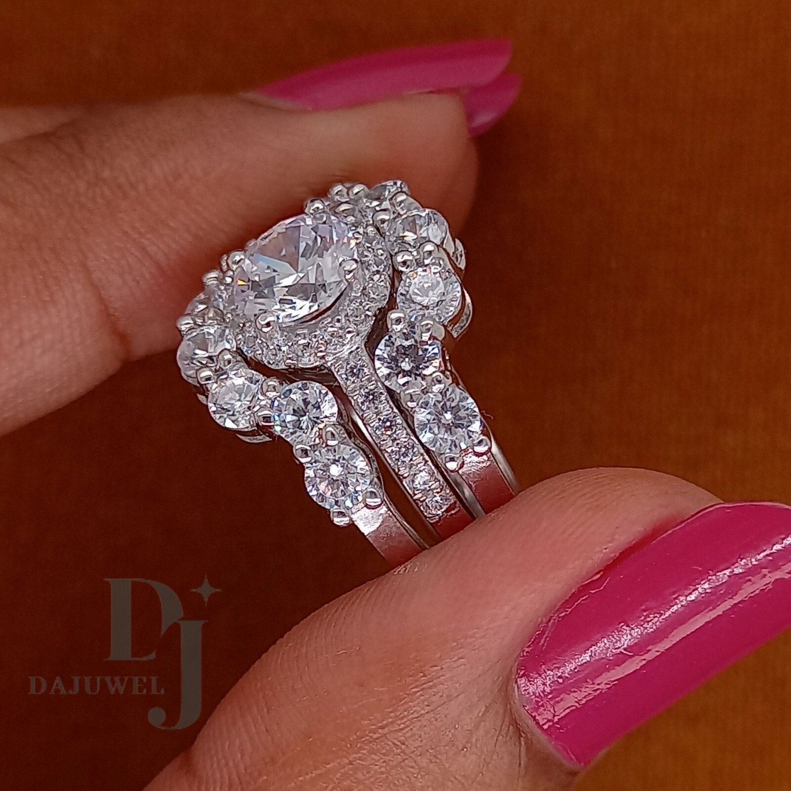 3.50 Ct Round Cut White Moissanite Trio Set Engagement Ring Solid 14K White Gold
