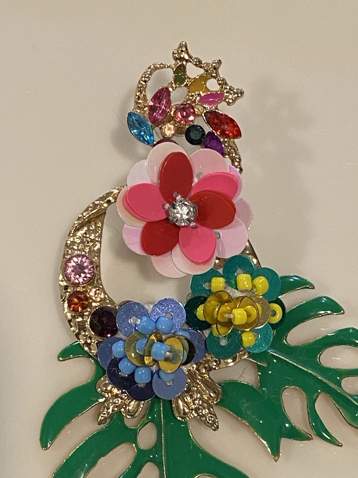 Vintage Flowers and Palm Leaf Drop Pierced Earrings 3.5 Inches Long Multi-color