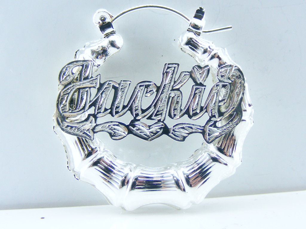 PERSONALIZED 1 ” SILVER ROUND BAMBOO NAME EARRINGS jc