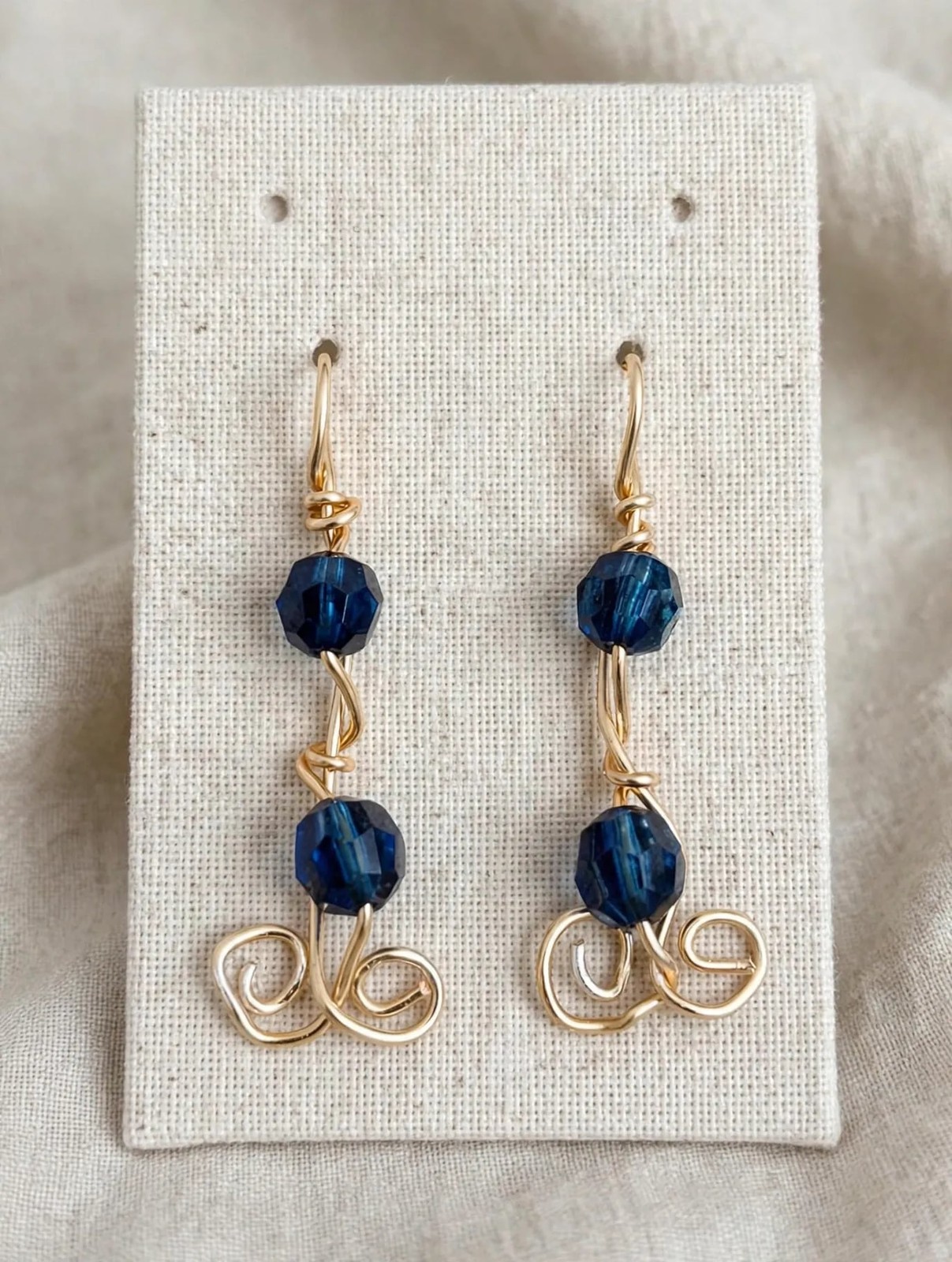 Whimsical Hand-Wired Gold-Tone Earrings with Cobalt Blue Crystal Beads