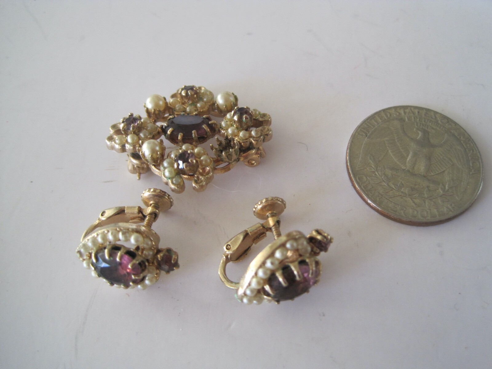 Faux Amethyst Screw Earrings W/ Pin Vintage