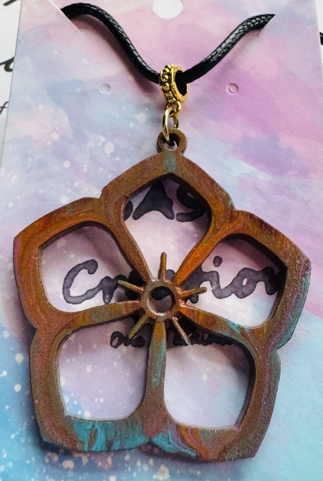 Handcrafted Wooden Flower Pendant One Of a Kind Hand-Painted by Local Artist