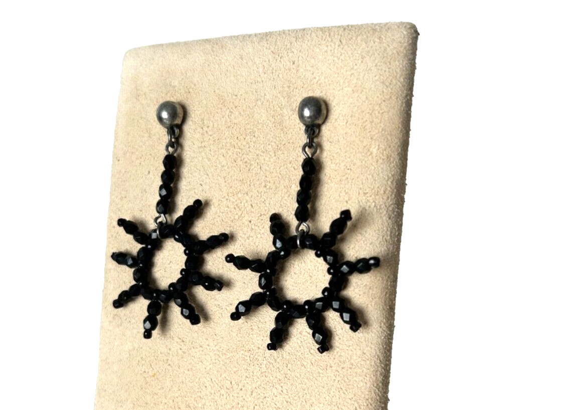 New Vintage Jablonex Czech Glass Seed Bead Starburst Earrings DaSen Carded Black