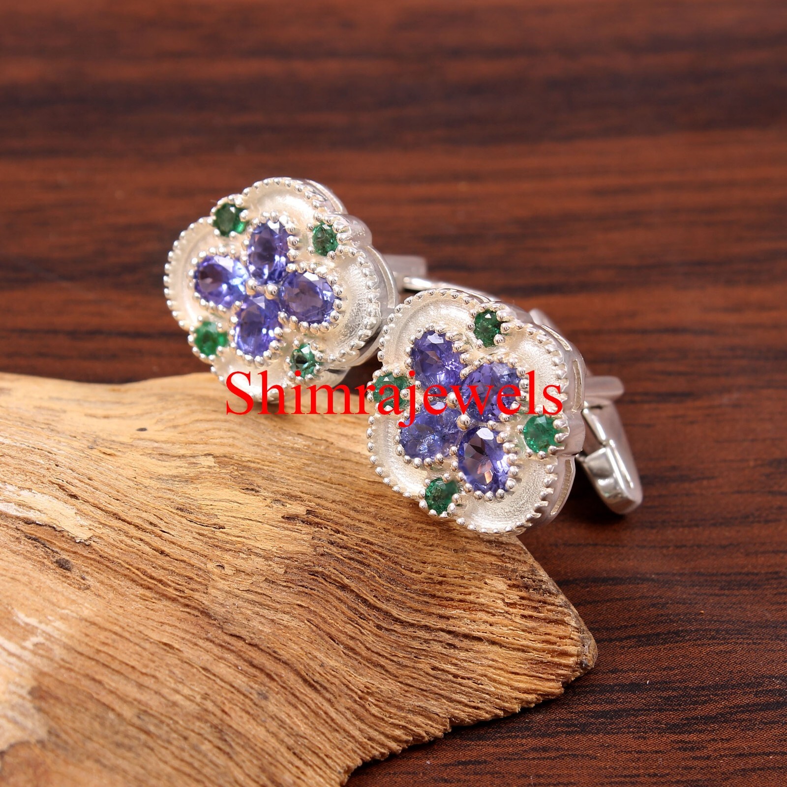 Natural Tanzanite & Simulated Emerald With 925 Sterling Silver Cufflinks #352