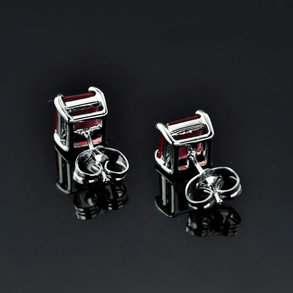 Pretty New 18K White Gold Filled 7mm Princess Cut Ruby Red CZ Stud Earrings