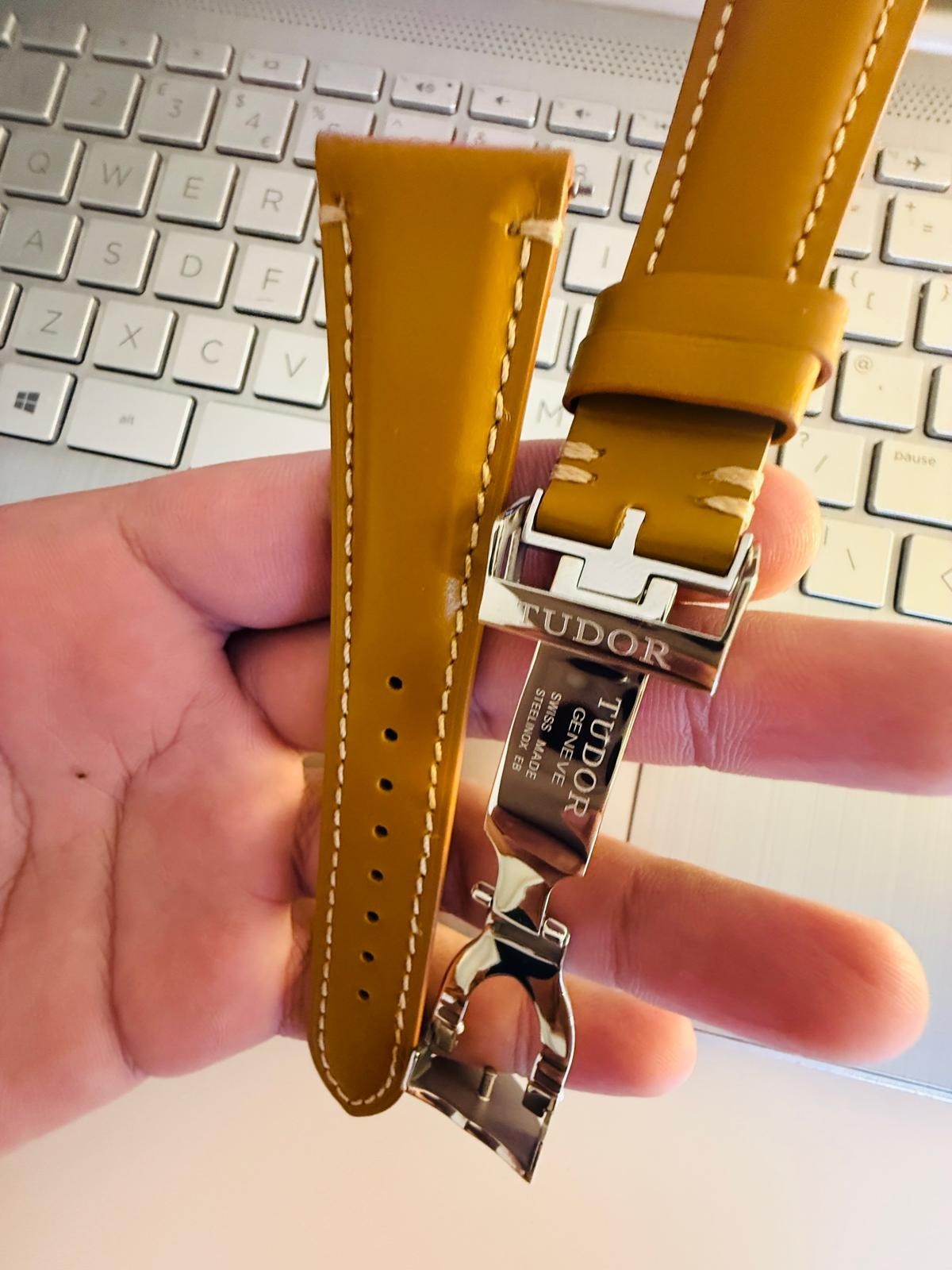 Tudor 22mm Light Brown Leather Watch Strap With Silver Deployment Clasp Solid