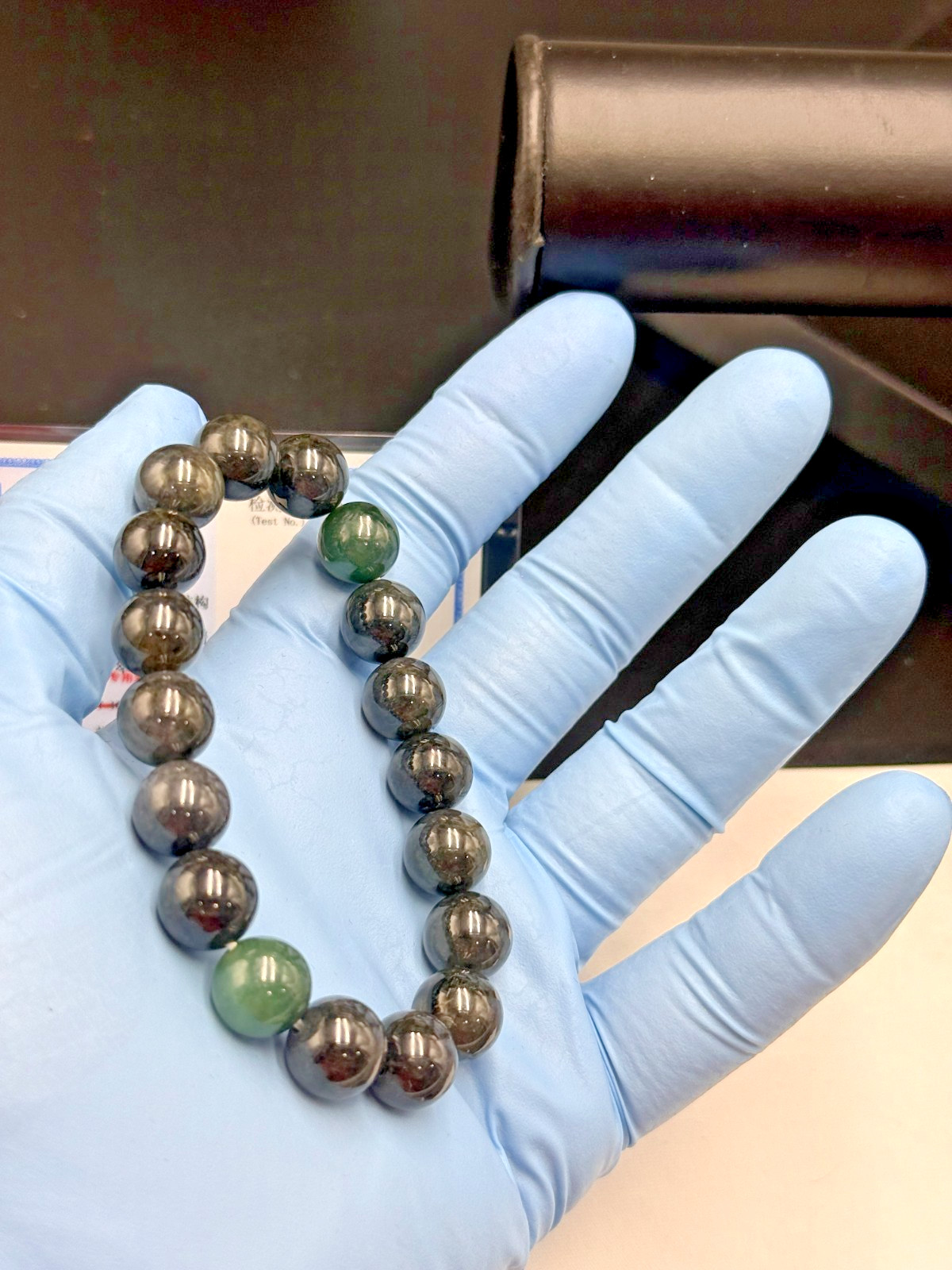Certified Natural Jadeite Jade Beaded Bracelet Black Green 11.6mm #100102