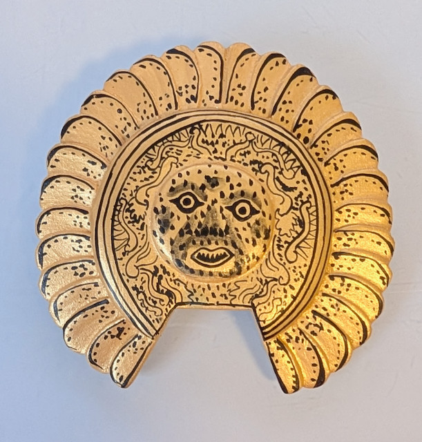 Gold and Black Painted Wooden Aztec Inspired Sun God Brooch