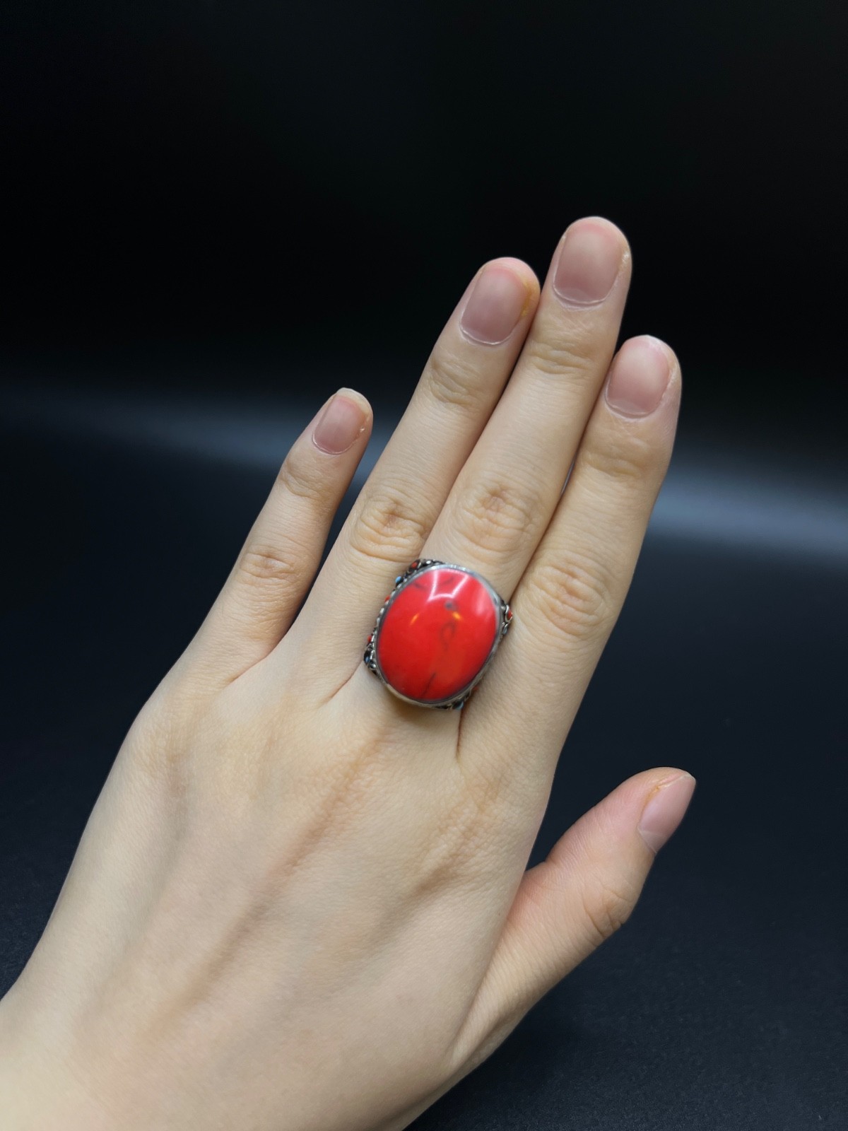 Vintage Red Coral Statement Ring, Large Oval Cabochon Ring, Tibetan Tribal Boho
