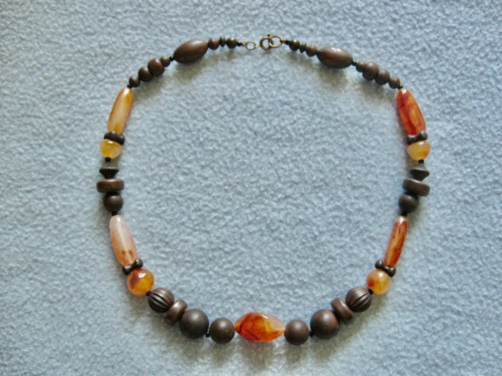 Choker Orange & Brown Beads Spring Ring Clasp; 6″ Diam or 9″ Drop; Quartz?