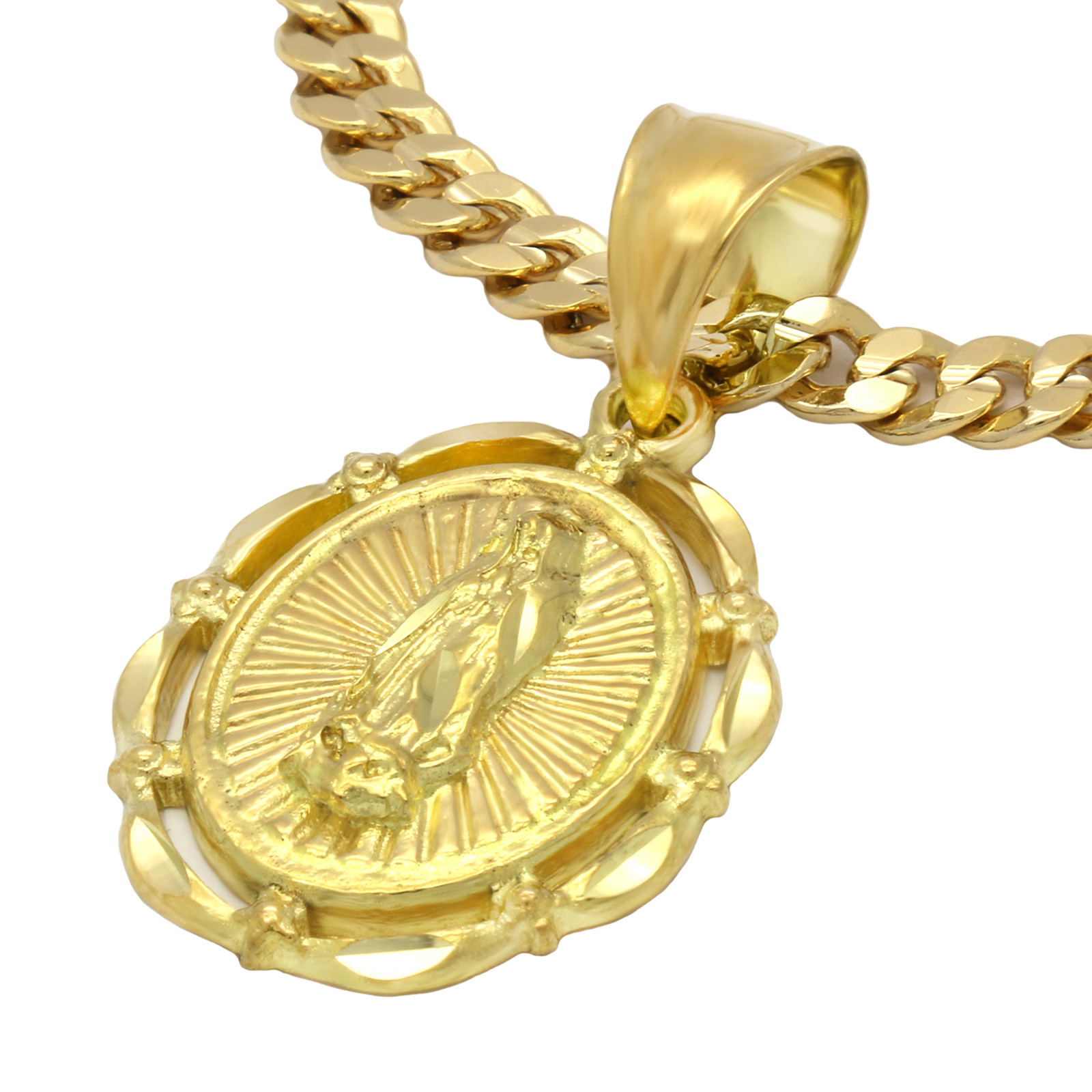 Mens 18k Gold Plated Oval Guadalupe Pendant 5mm 24″ Cuban Necklace Chain