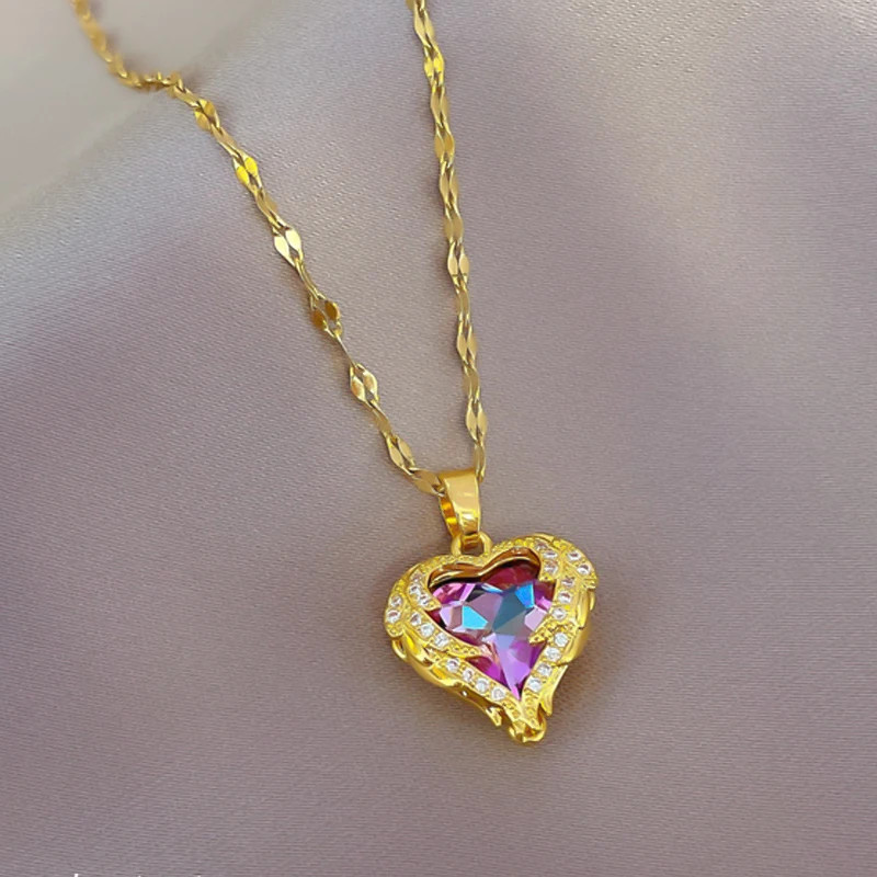 Trendy Rhinestone Heart Pendant Necklace Women 18k Gold Silver Plated Titanium