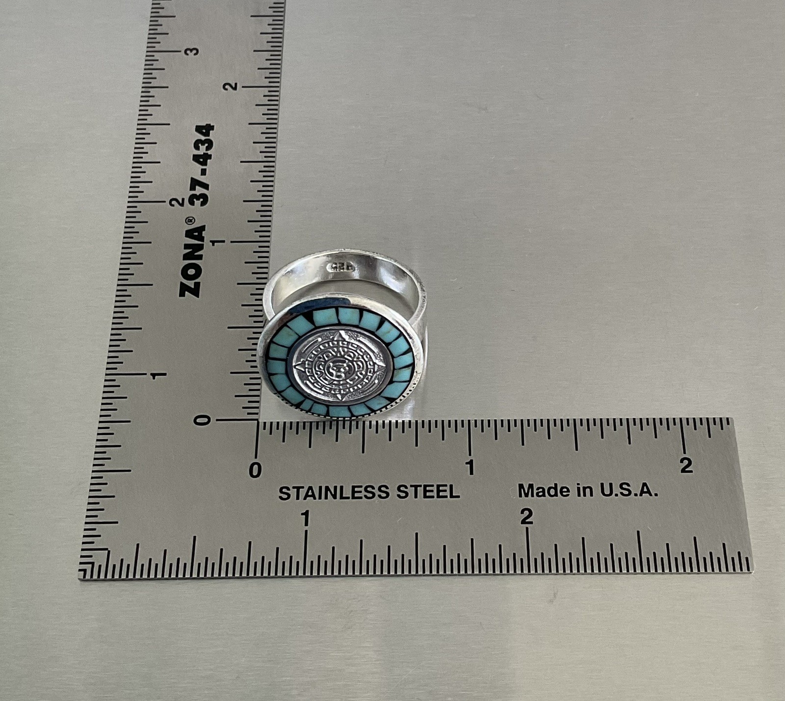 Turquoise Chip Inlay Aztec Calendar Motif Ring 925 Sterling Silver Size 7