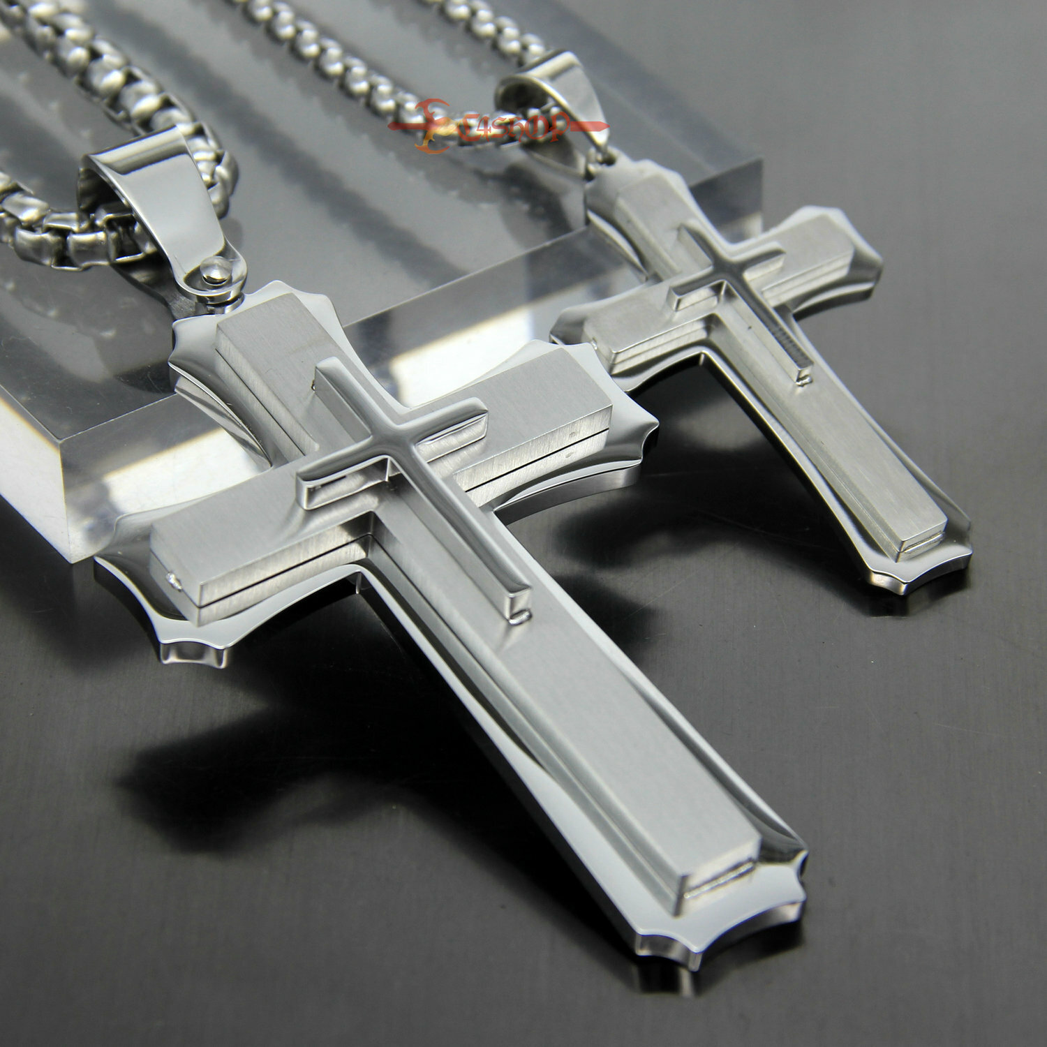 Heavy & Big Mens 3 Layer Stainless Steel Christian Cross Pendant Necklace Silver