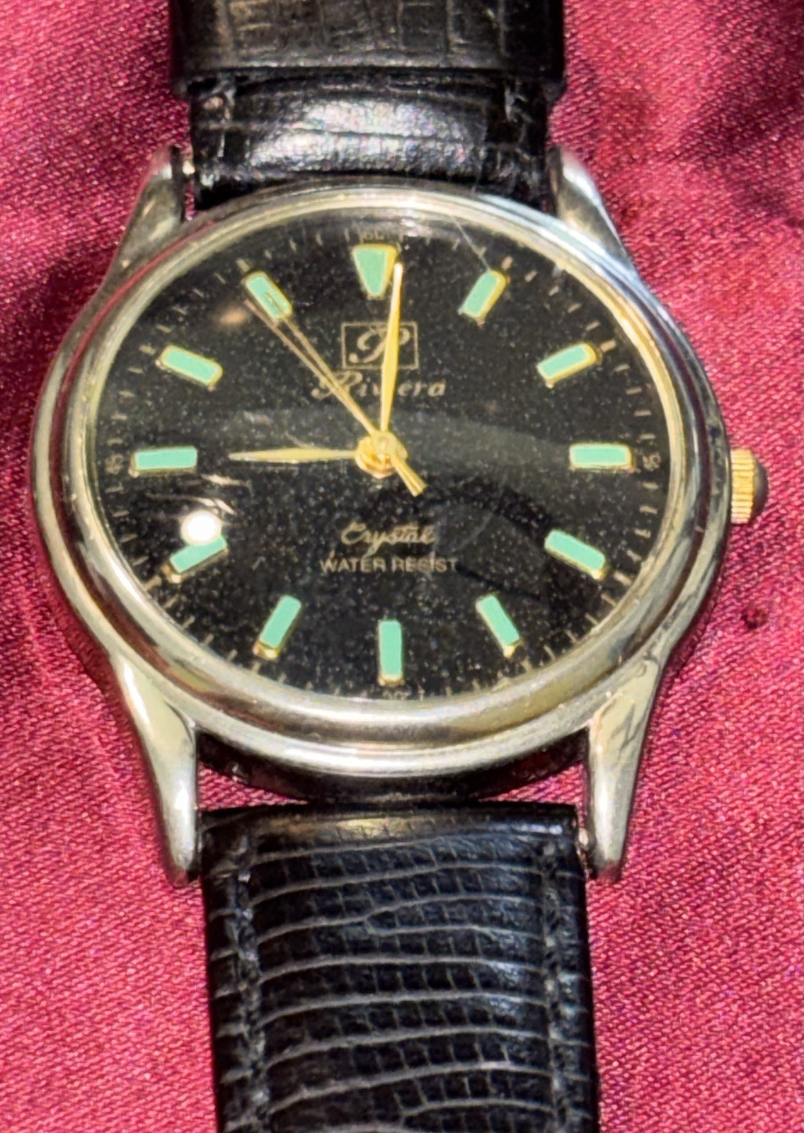 Riviera Vintage Watch Rare Black Dial SS Silver Case 36-39mm