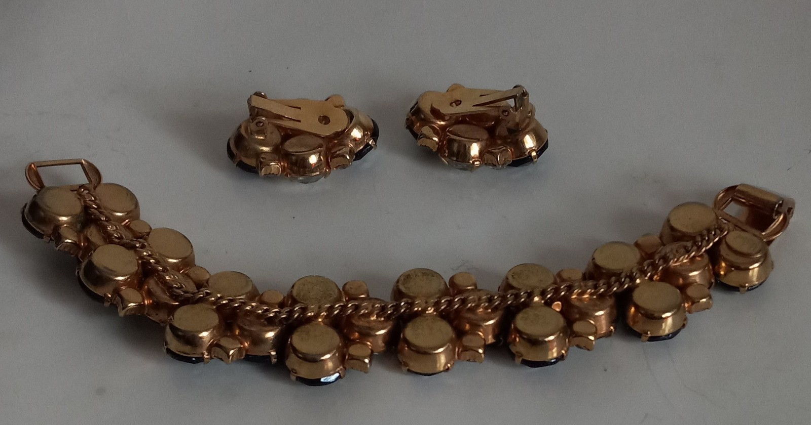 rare signed hobe bracelet & clip earrings black & sparkle brilliant rhinestones