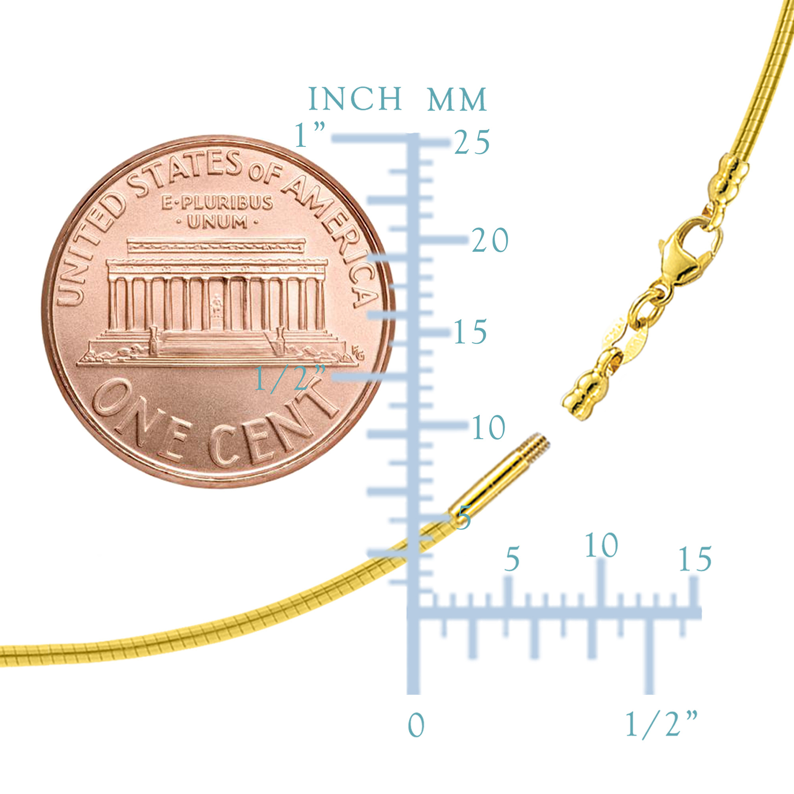 Round Omega Chain With Screw Off Lock In 14K Yellow Gold, Width 1mm
