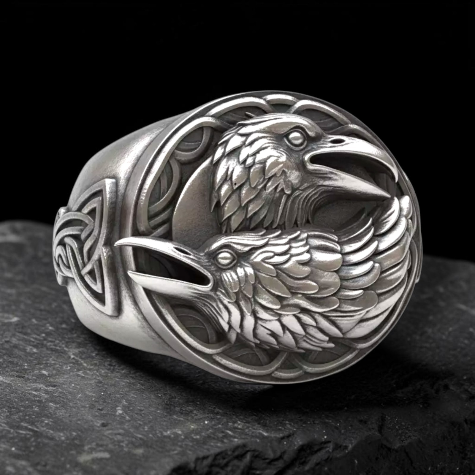Sterling Silver Viking Raven Ring, Odin Huginn Muninn Norse Signet, Celtic Knot