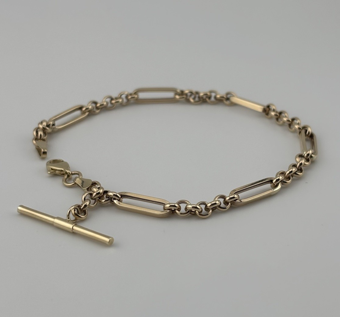 9ct Yellow Gold Figaro/Belcher T Bar 4mm Bracelet 7.5 inch Hallmarked