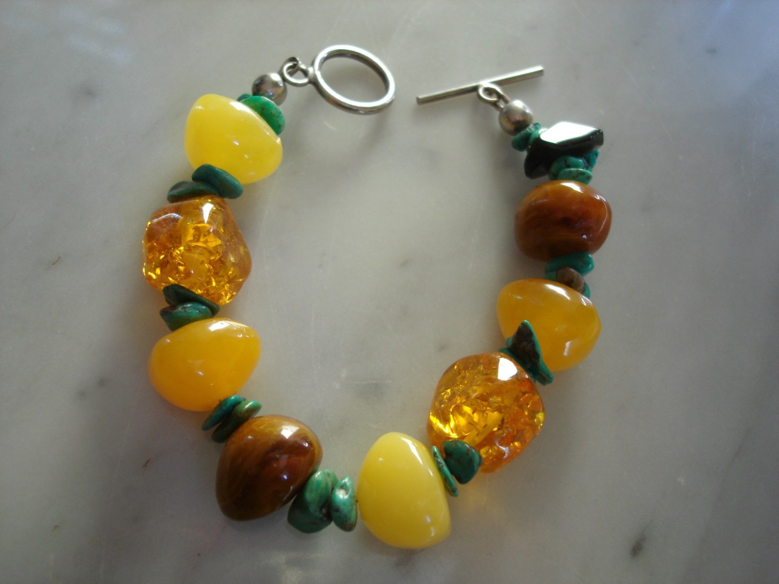 Vintage Navajo Baltic Butterscotch Amber Turquoise Nugget Bracelet