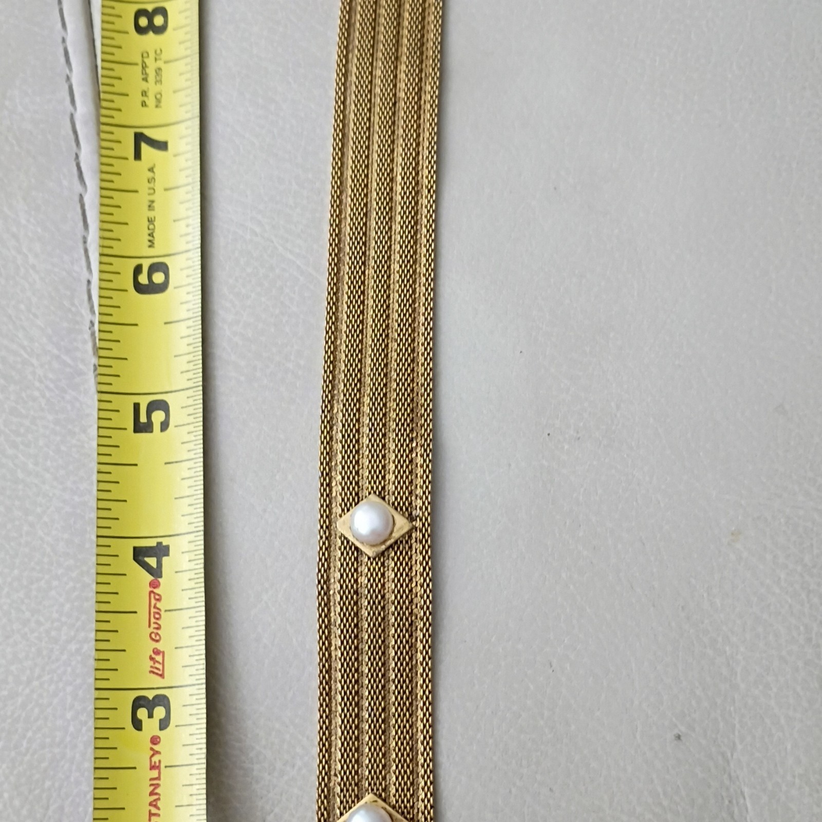 Gold Tone Mesh Cuff Bracelet Faux White Round Pearls Bead Cluster Dangle Charm