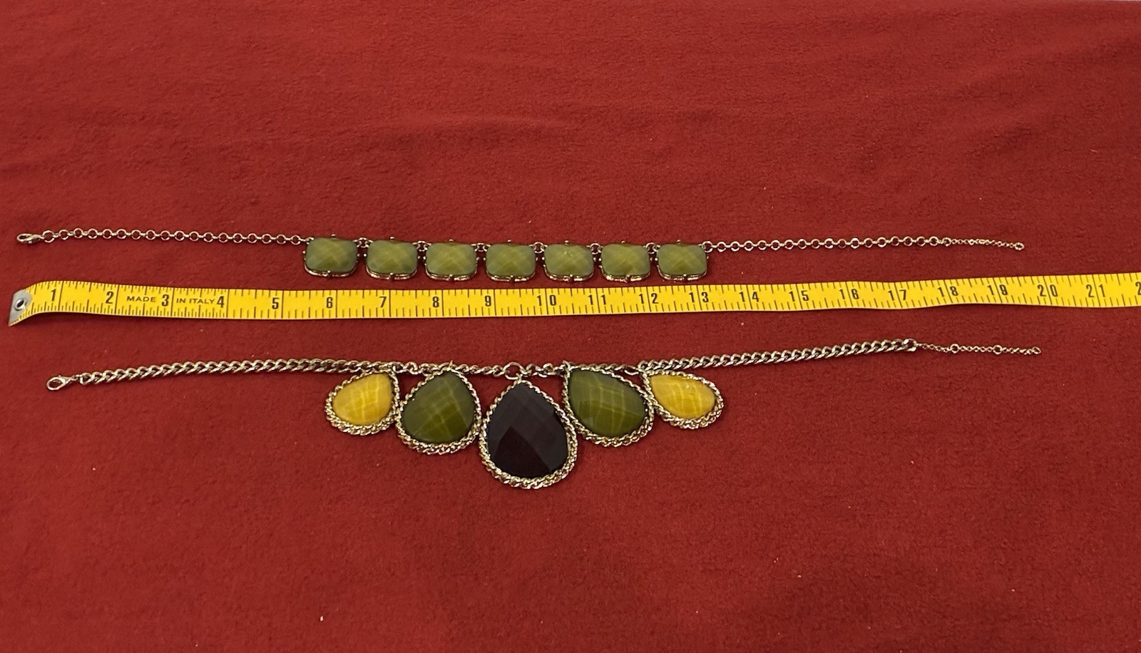 2 NECKLACES 1 Gold Green Plum Colored Teardrop & 1 Green Squares & Gold Chain