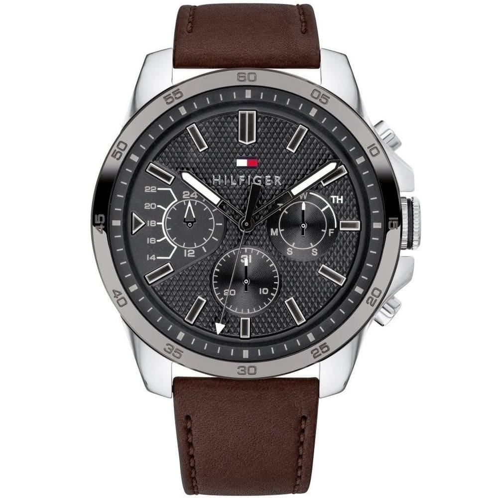 Tommy Hilfiger Men’s Watch 1791562 Gray Sunray Dial Genuine Brown Leather Strap