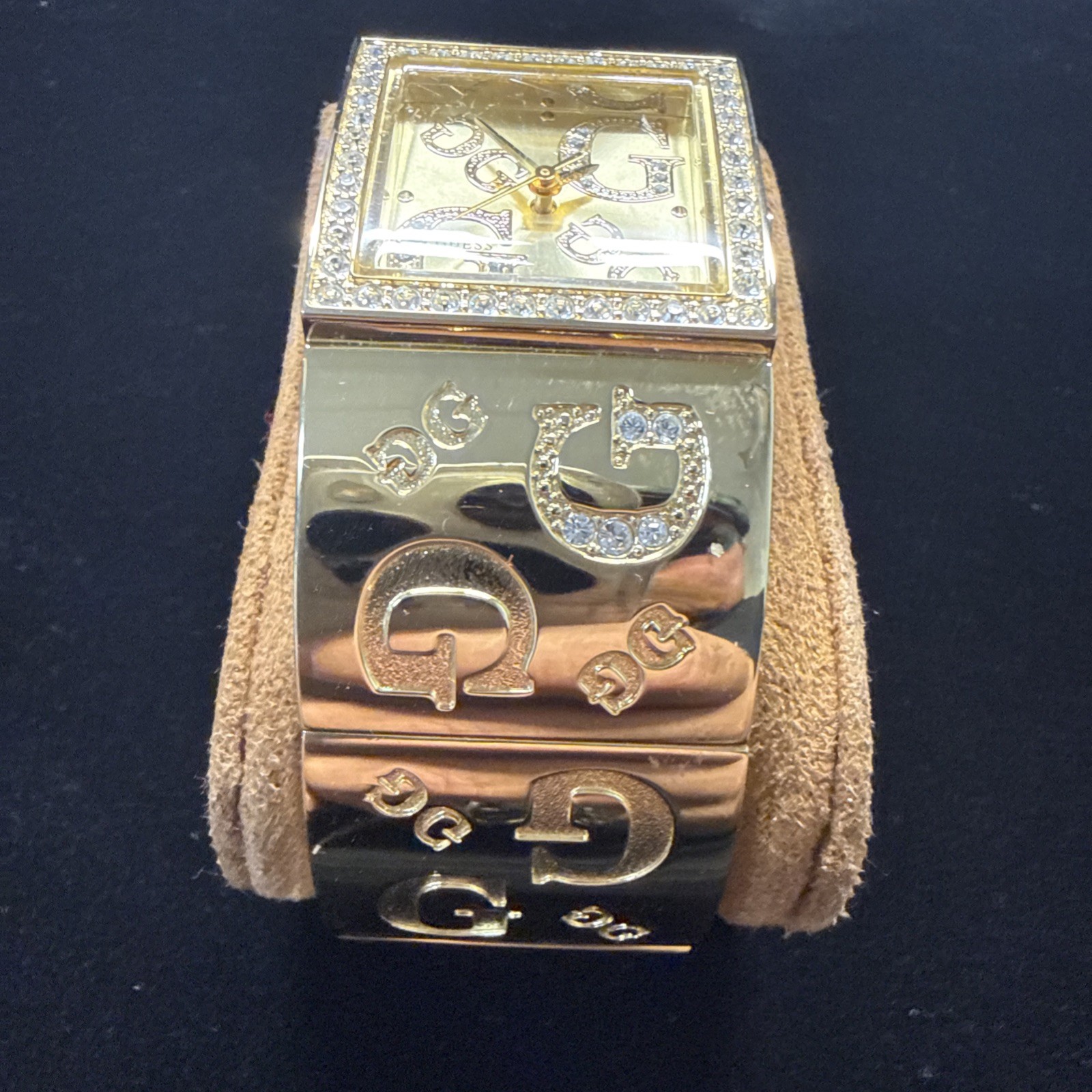 Guess Gold Tone And Rhinestone Logo Womens Watch Statement Piece 6.50 Inches 90s