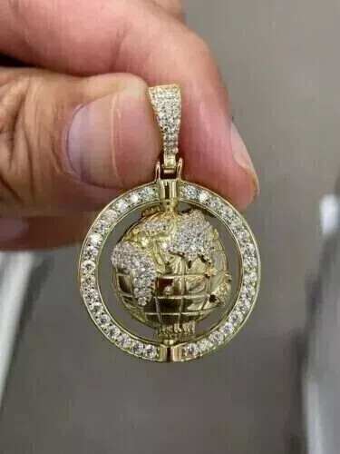 Men’s World Map Pendant 14k Yellow Gold Plated 2Ct Round Cut Lab Created Diamond