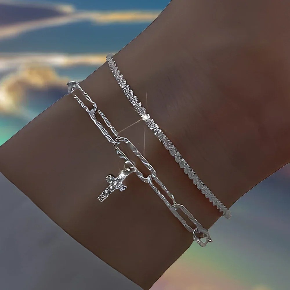 6PCS 925 Sterling Silver Rhinestone Bracelets Women Korean Jewelry Set