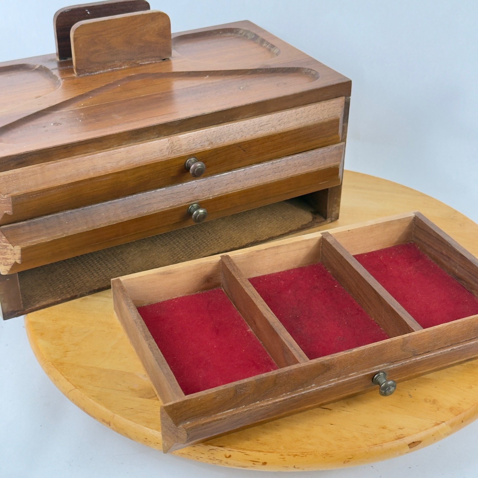Mid Century Walnut Wood Desk Organizer Jewelry Desk Valet Box w Drawers Catchall