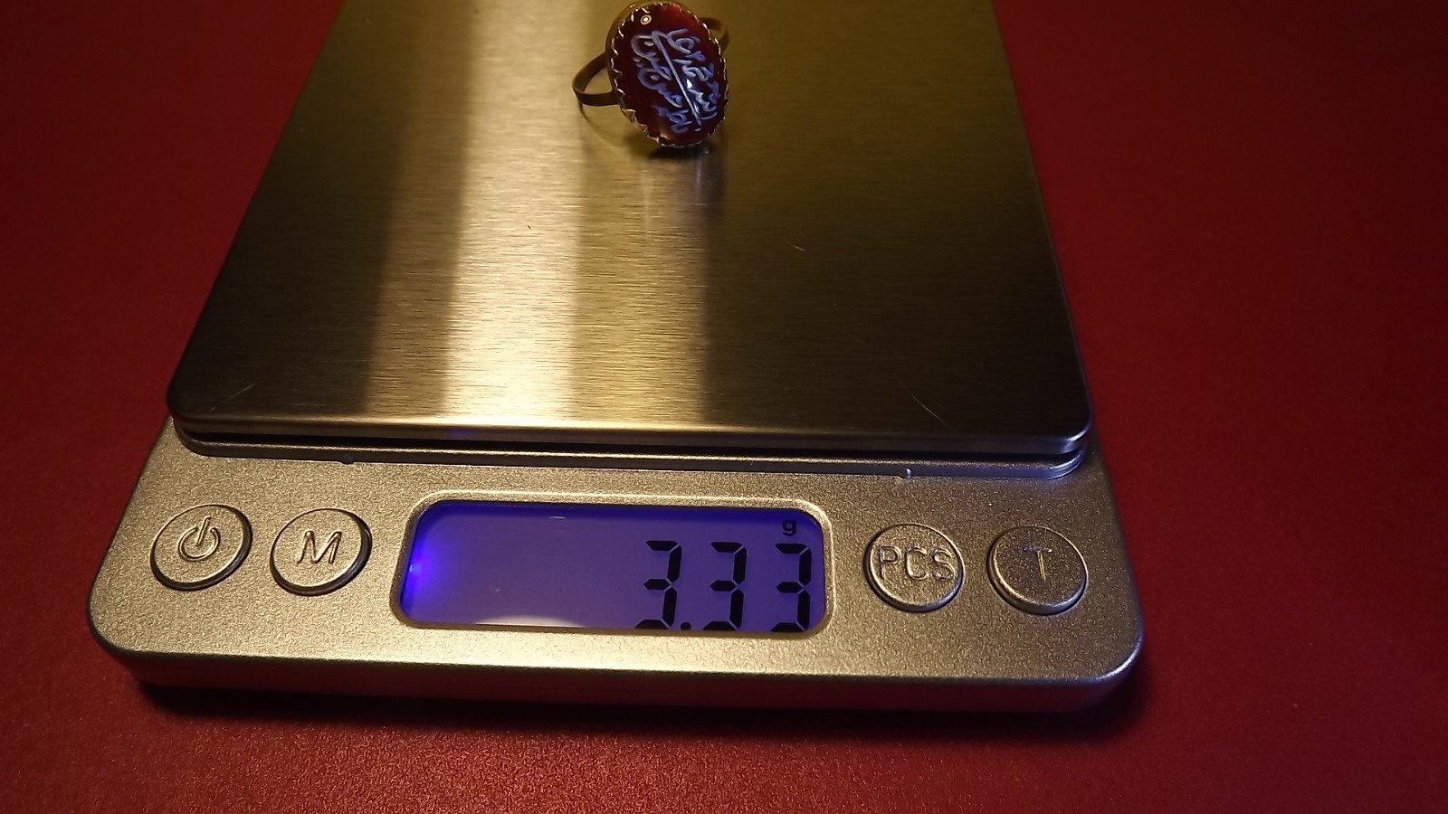 22ct Asian Yellow Gold AllahPunjatan Pak Names On Brown Haqeeq Stone Ladies Ring