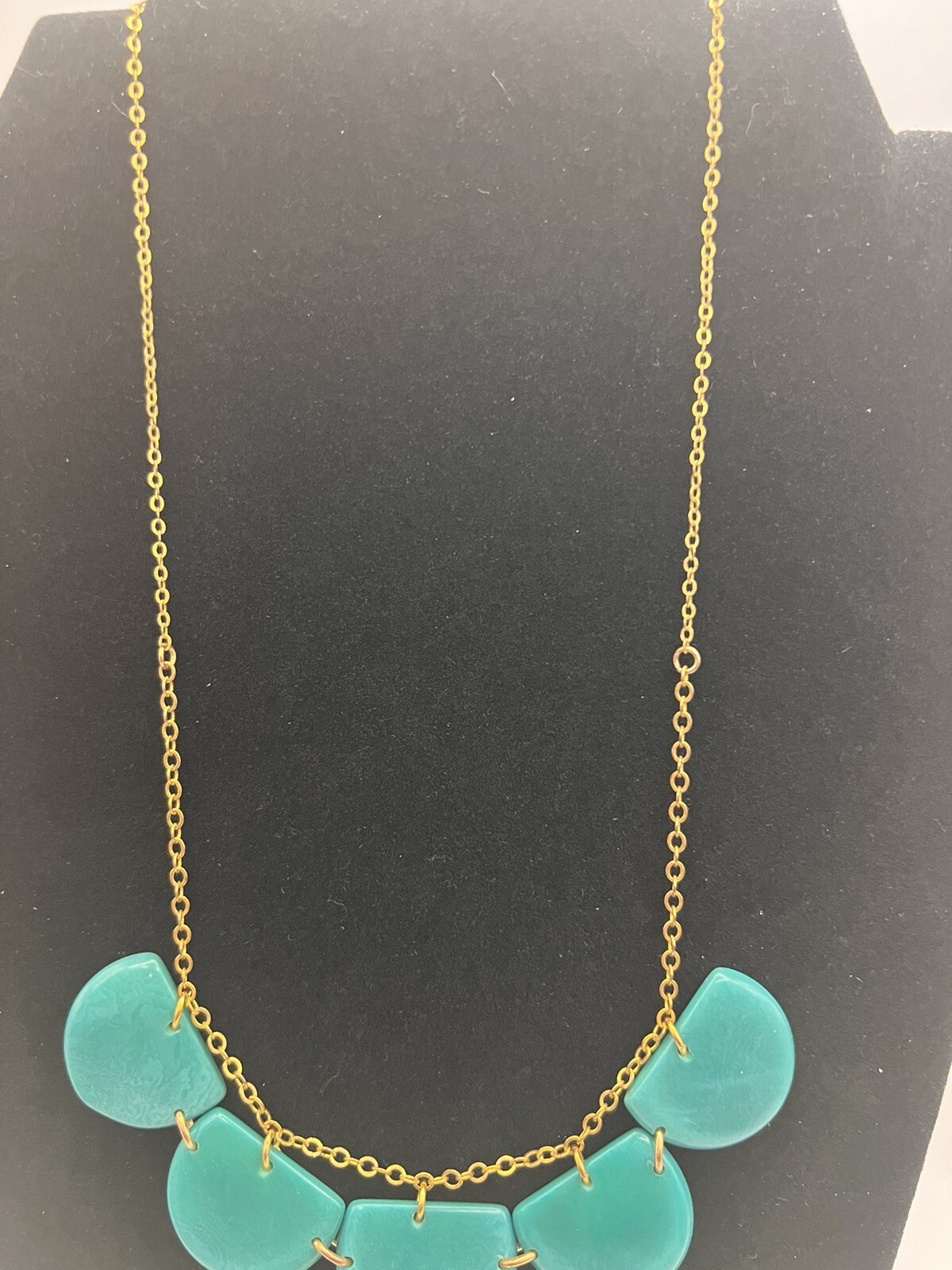 Teal Blue Green Gold Tone Dangle Necklace Fashion Jewelry Acrylic Semicircles