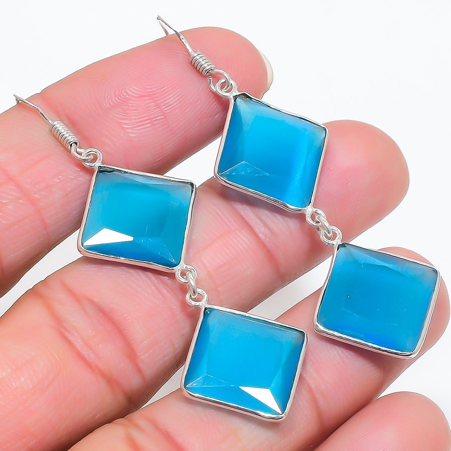 Earring Blue Chalcedony Gemstone Handmade 925 Sterling Silver Jewelry 2.56″ O778