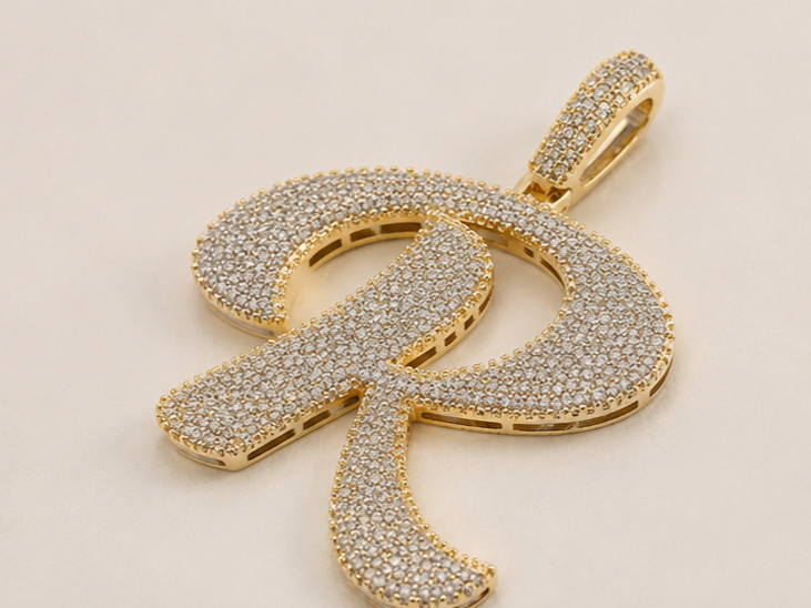 5 Ct Moissanite Initial “R” Pendant–14K Yellow Gold Plated Iced Out Letter Charm