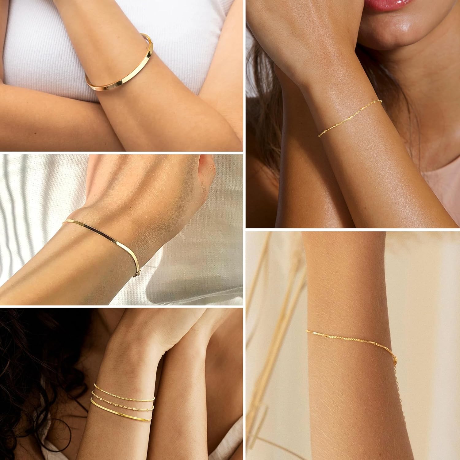 Thin Dainty Gold Bracelet for Women Stack, 14K Gold Plated Bracelet Stackable Se